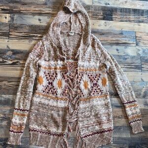 Gimmicks by BKE Tan Hooded Jacquard Cardigan with Fringe